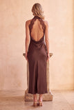 Coffee Sheath High Neck Keyhole Satin Maxi Wedding Guest Dress with Lace