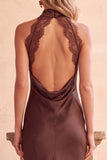 Coffee Sheath High Neck Keyhole Satin Maxi Wedding Guest Dress with Lace