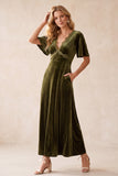 Olive Velvet A-Line V-Neck Flutter Sleeves Maxi Wedding Guest Dress with Lace