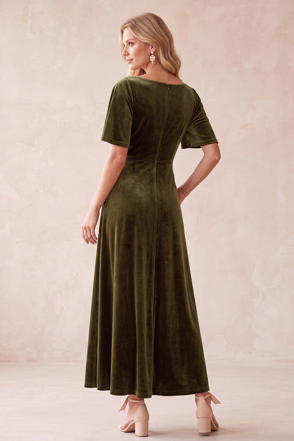 Olive Velvet A-Line V-Neck Flutter Sleeves Maxi Wedding Guest Dress with Lace