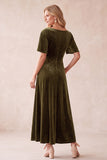 Olive Velvet A-Line V-Neck Flutter Sleeves Maxi Wedding Guest Dress with Lace