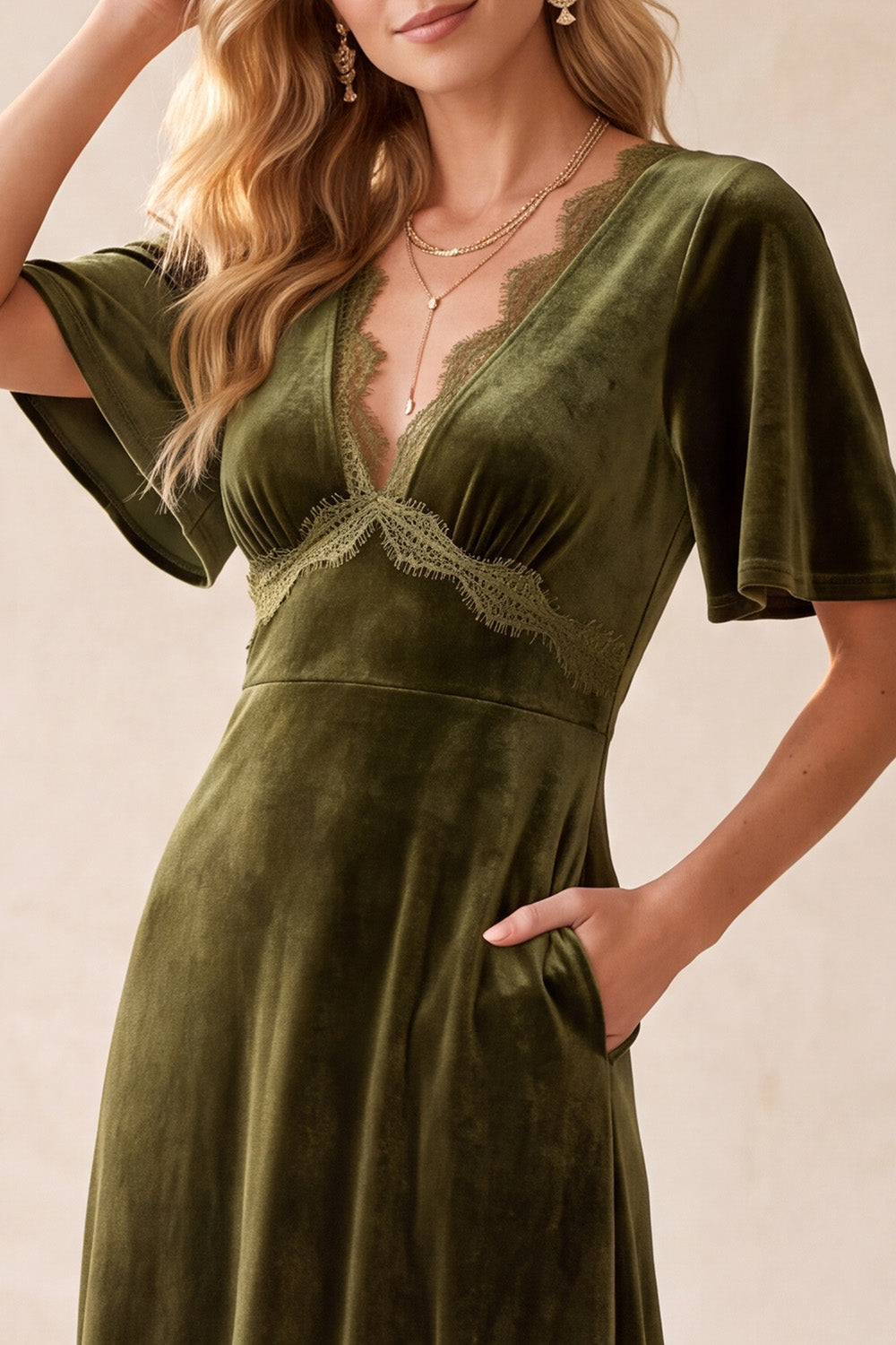 Olive Velvet A-Line V-Neck Flutter Sleeves Maxi Wedding Guest Dress with Lace