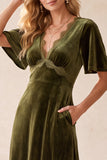 Olive Velvet A-Line V-Neck Flutter Sleeves Maxi Wedding Guest Dress with Lace