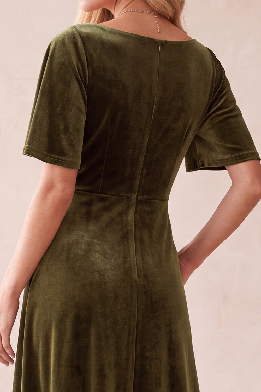 Olive Velvet A-Line V-Neck Flutter Sleeves Maxi Wedding Guest Dress with Lace
