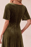Olive Velvet A-Line V-Neck Flutter Sleeves Maxi Wedding Guest Dress with Lace