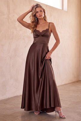 Coffee A-Line Spaghetti Straps Satin Maxi Wedding Guest Dress with Lace