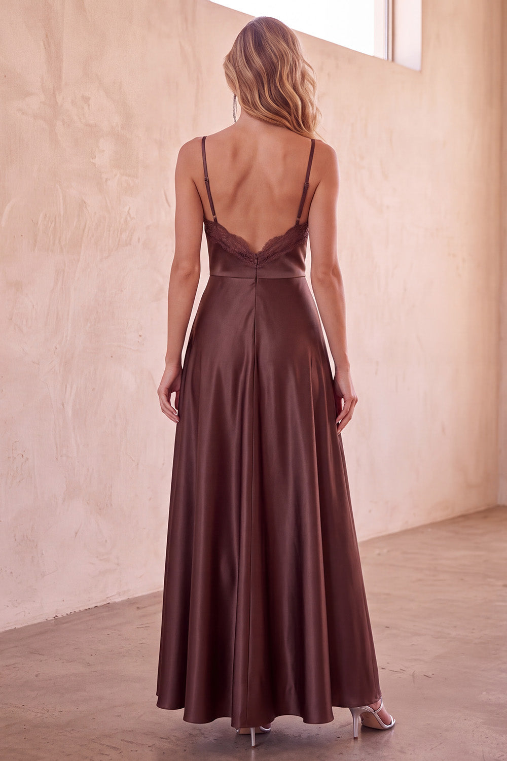 Coffee A-Line Spaghetti Straps Satin Maxi Wedding Guest Dress with Lace
