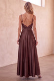 Coffee A-Line Spaghetti Straps Satin Maxi Wedding Guest Dress with Lace