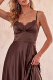 Coffee A-Line Spaghetti Straps Satin Maxi Wedding Guest Dress with Lace