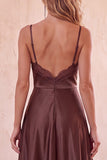 Coffee A-Line Spaghetti Straps Satin Maxi Wedding Guest Dress with Lace