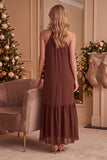 Coffee Chiffon Halter Ruffled Maxi Wedding Guest Dress with Beading