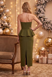 Olive Sheath Strapless Beaded Ruffled Midi Wedding Guest Dress with Slit
