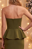 Olive Sheath Strapless Beaded Ruffled Midi Wedding Guest Dress with Slit