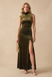 Olive Velvet Sheath Keyhole Back Ruched Maxi Wedding Guest Dress with Slit