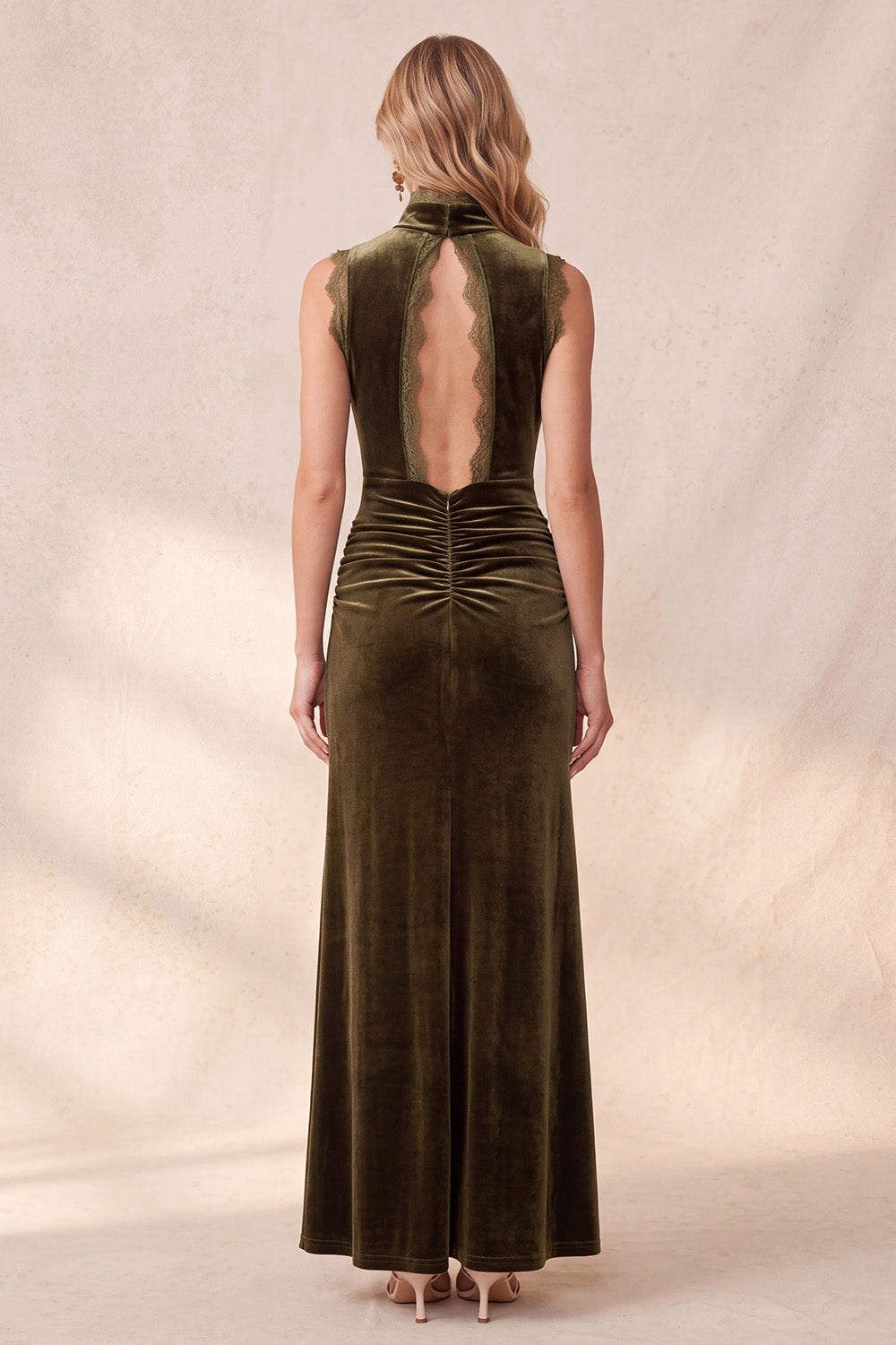 Olive Velvet Sheath Keyhole Back Ruched Maxi Wedding Guest Dress with Slit