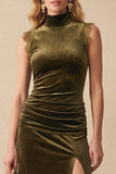 Olive Velvet Sheath Keyhole Back Ruched Maxi Wedding Guest Dress with Slit