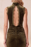 Olive Velvet Sheath Keyhole Back Ruched Maxi Wedding Guest Dress with Slit