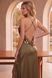 Sparkly Olive Sheath Satin Sequin Long Wedding Guest Dress with Lace