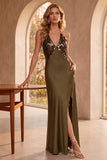 Sparkly Olive Sheath Satin Sequin Long Wedding Guest Dress with Lace
