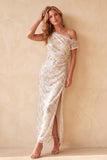Sparkly Ivory Floral Sequin Sheath Ruched Maxi Wedding Guest Dress with Slit