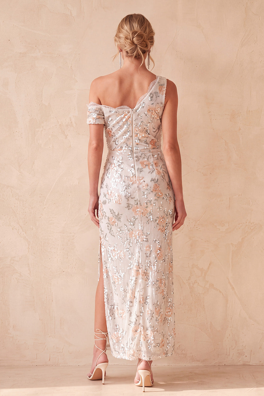 Sparkly Ivory Floral Sequin Sheath Ruched Maxi Wedding Guest Dress with Slit