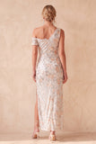 Sparkly Ivory Floral Sequin Sheath Ruched Maxi Wedding Guest Dress with Slit