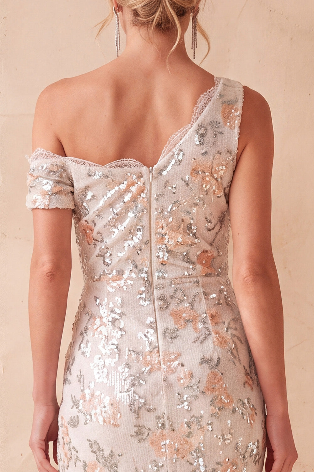 Sparkly Ivory Floral Sequin Sheath Ruched Maxi Wedding Guest Dress with Slit