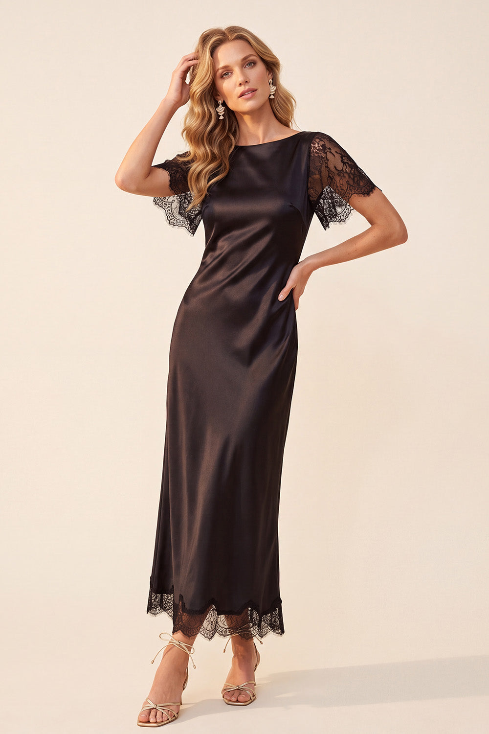 Black Sheath Satin Flutter Sleeves Maxi Wedding Guest Dress with Lace