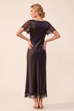 Black Sheath Satin Flutter Sleeves Maxi Wedding Guest Dress with Lace