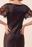 Black Sheath Satin Flutter Sleeves Maxi Wedding Guest Dress with Lace