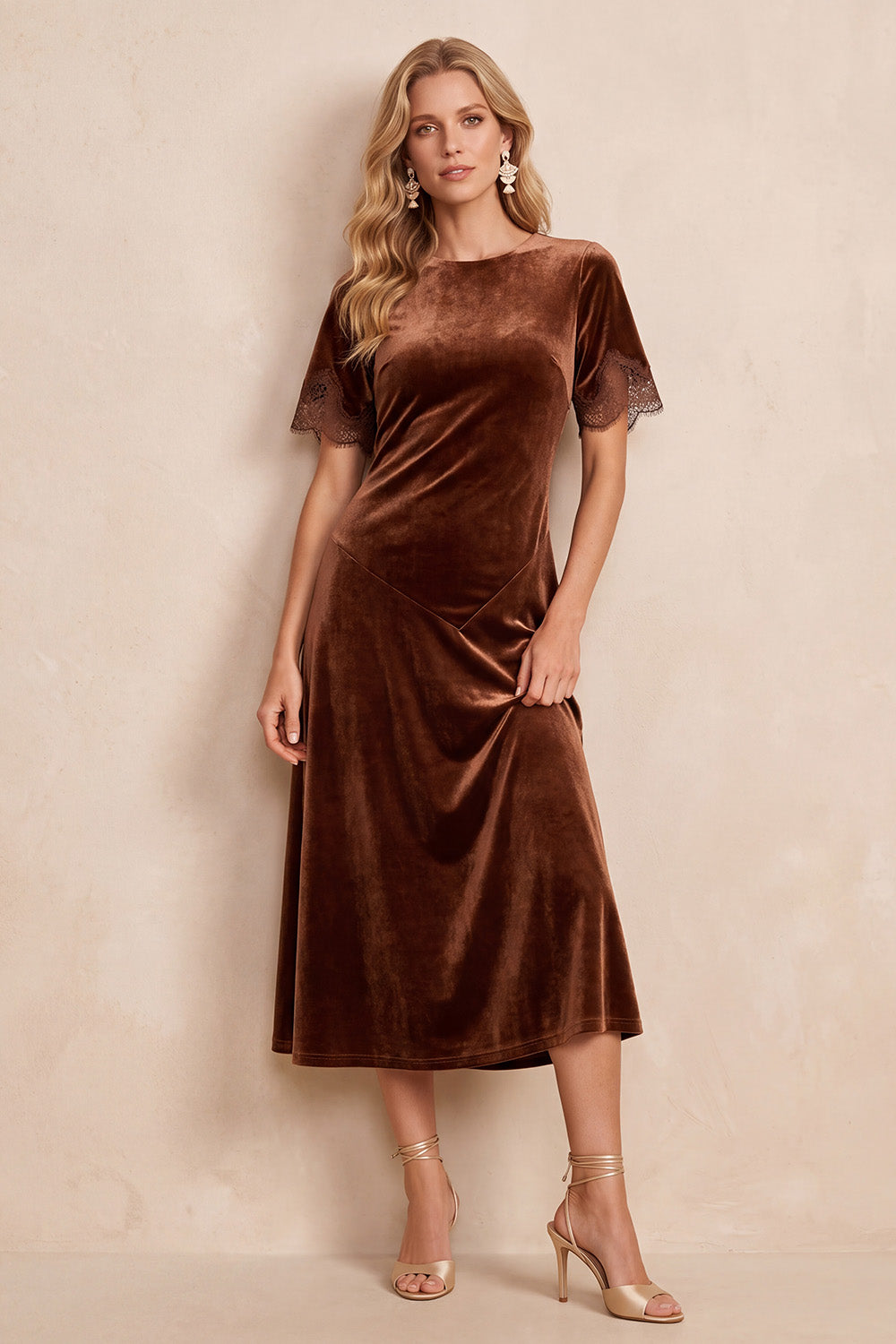 Coffee Velvet Round Neck Short Sleeves Midi Wedding Guest Dress with Lace