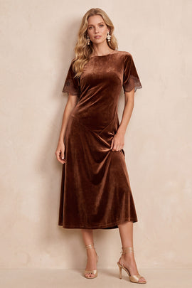 Coffee Velvet Round Neck Short Sleeves Midi Wedding Guest Dress with Lace