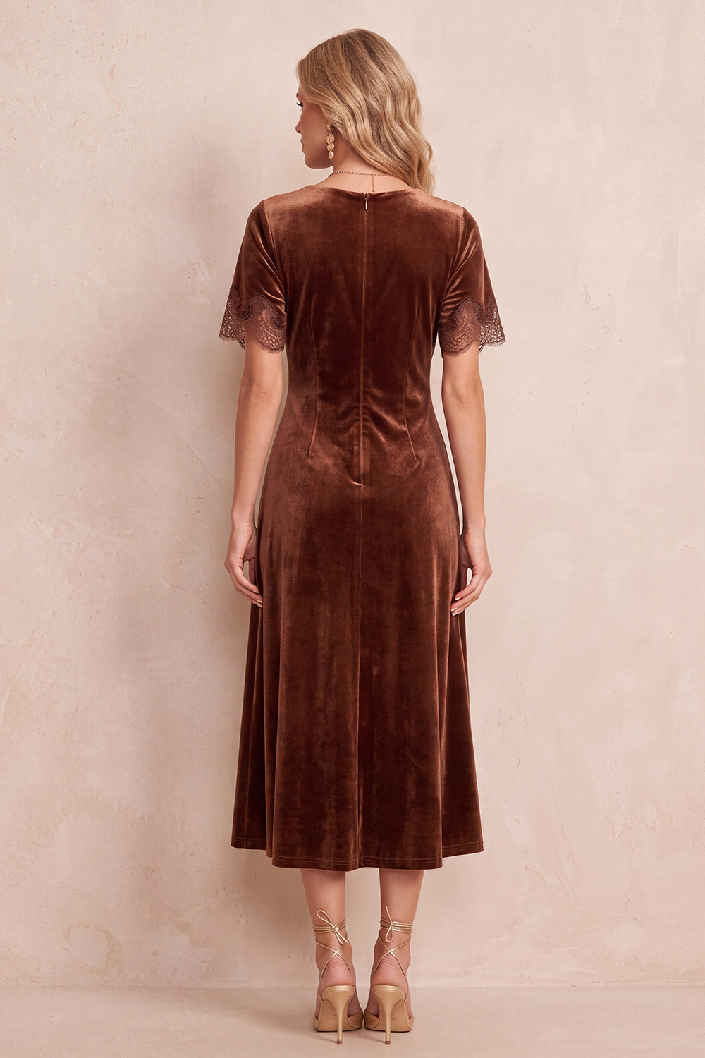 Coffee Velvet Round Neck Short Sleeves Midi Wedding Guest Dress with Lace