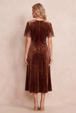 Coffee Velvet Round Neck Short Sleeves Midi Wedding Guest Dress with Lace