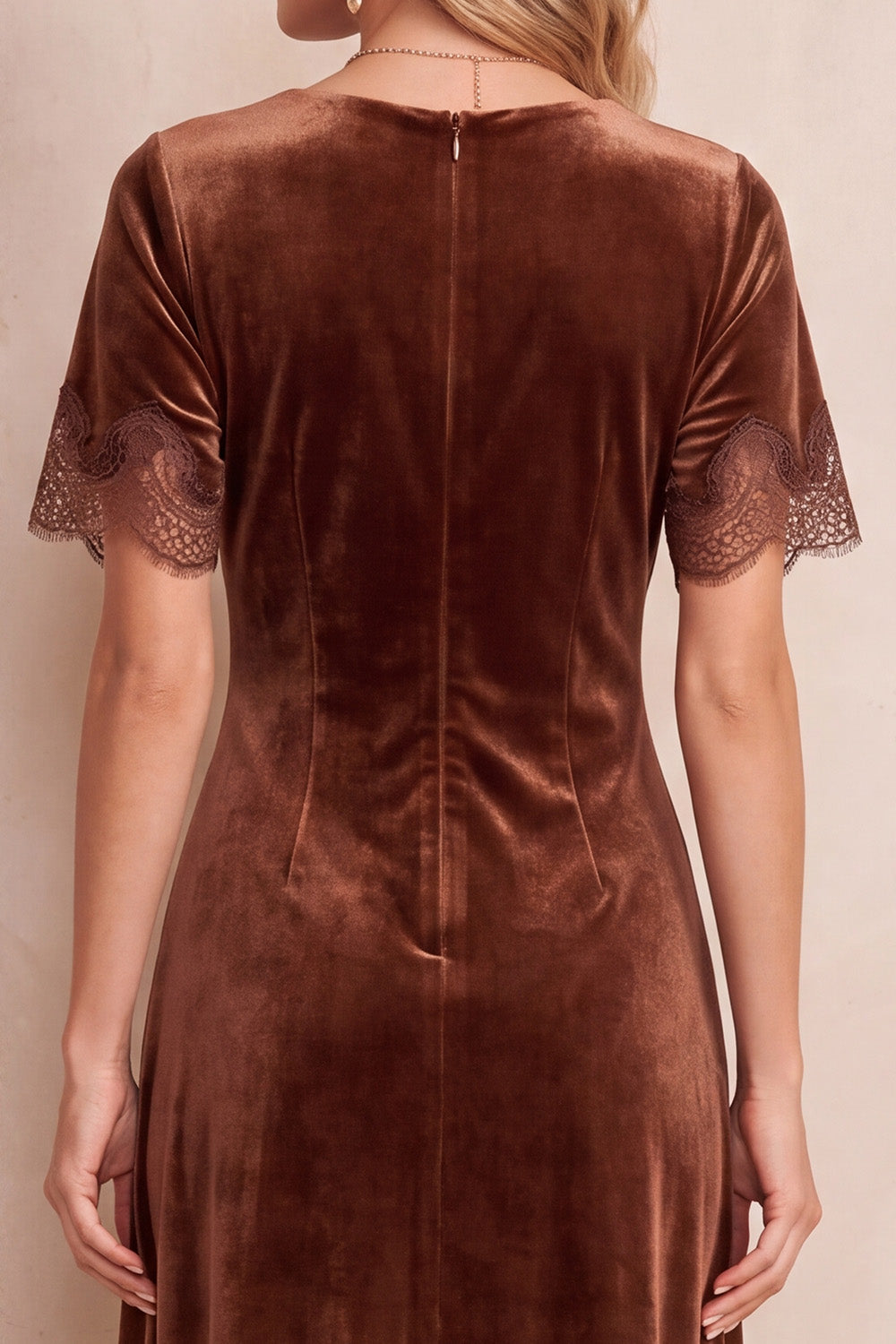 Coffee Velvet Round Neck Short Sleeves Midi Wedding Guest Dress with Lace
