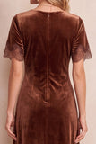 Coffee Velvet Round Neck Short Sleeves Midi Wedding Guest Dress with Lace