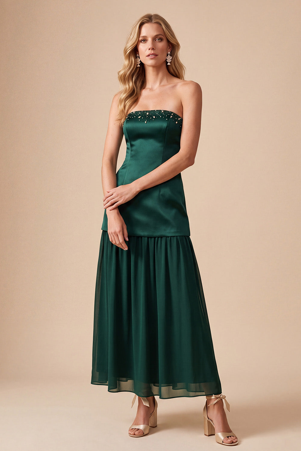 Dark Green Satin Strapless Beaded Maxi Wedding Guest Dress