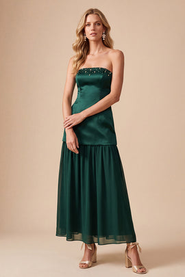 Dark Green Satin Strapless Beaded Maxi Wedding Guest Dress