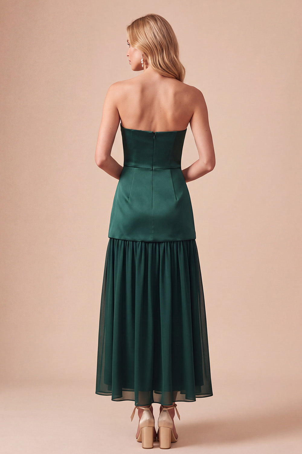 Dark Green Satin Strapless Beaded Maxi Wedding Guest Dress