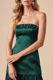 Dark Green Satin Strapless Beaded Maxi Wedding Guest Dress