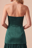 Dark Green Satin Strapless Beaded Maxi Wedding Guest Dress