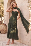Olive Sweetheart Beaded Maxi Wedding Guest Dress with Neck Scarf