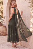 Olive Sweetheart Beaded Maxi Wedding Guest Dress with Neck Scarf