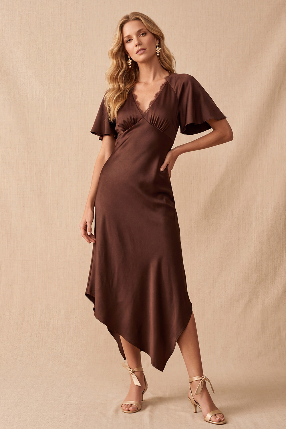 Coffee V-Neck Flutter Sleeves Asymmetrical Wedding Guest Dress with Lace