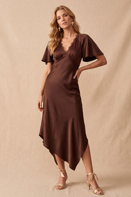 Coffee V-Neck Flutter Sleeves Asymmetrical Wedding Guest Dress with Lace