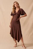 Coffee V-Neck Flutter Sleeves Asymmetrical Wedding Guest Dress with Lace