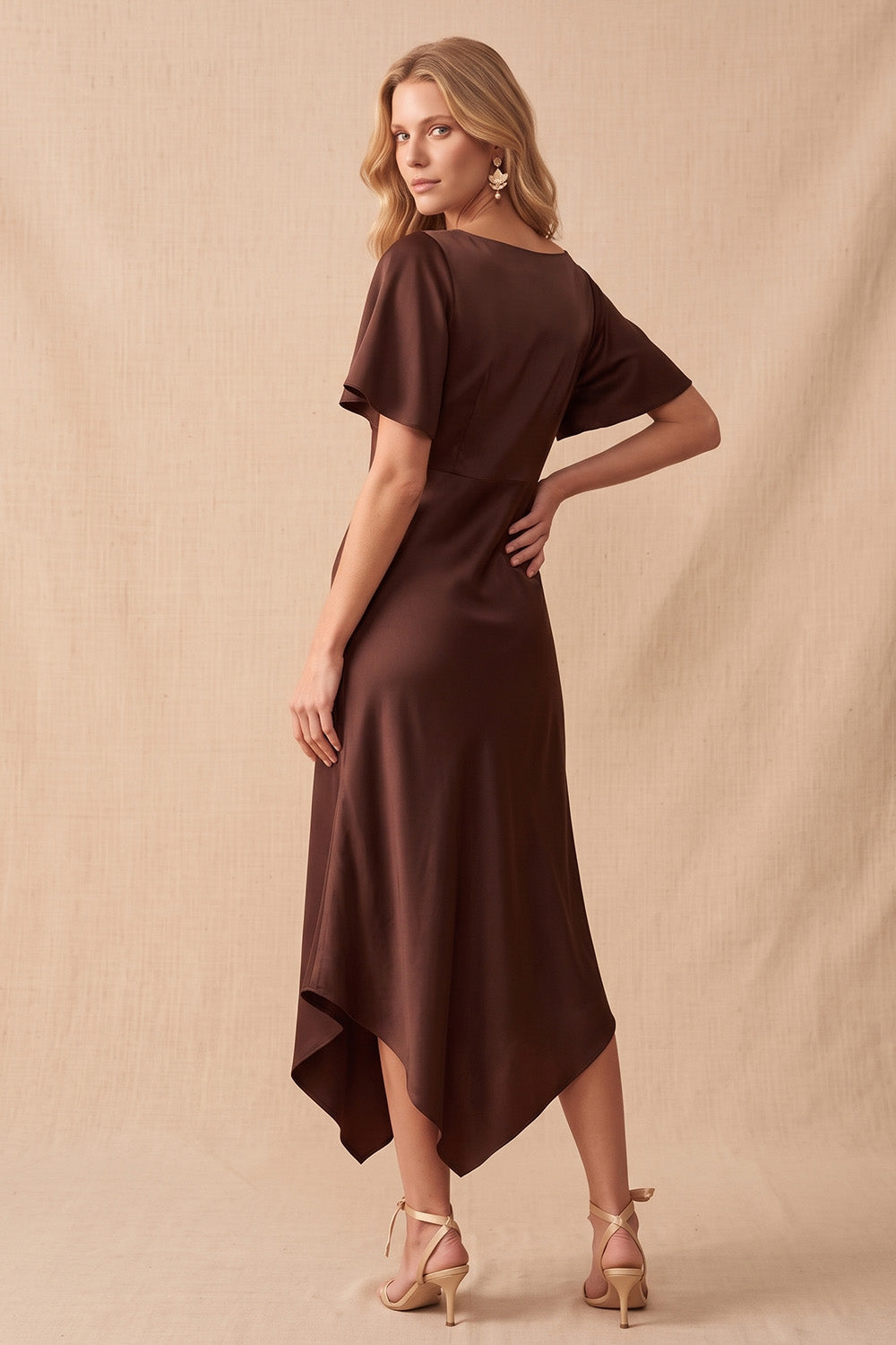 Coffee V-Neck Flutter Sleeves Asymmetrical Wedding Guest Dress with Lace