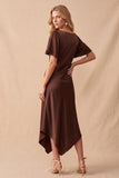 Coffee V-Neck Flutter Sleeves Asymmetrical Wedding Guest Dress with Lace