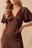 Coffee V-Neck Flutter Sleeves Asymmetrical Wedding Guest Dress with Lace