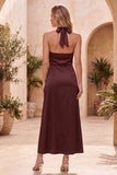 Cabernet Satin Sheath Halter Maxi Wedding Guest Dress with Slit
